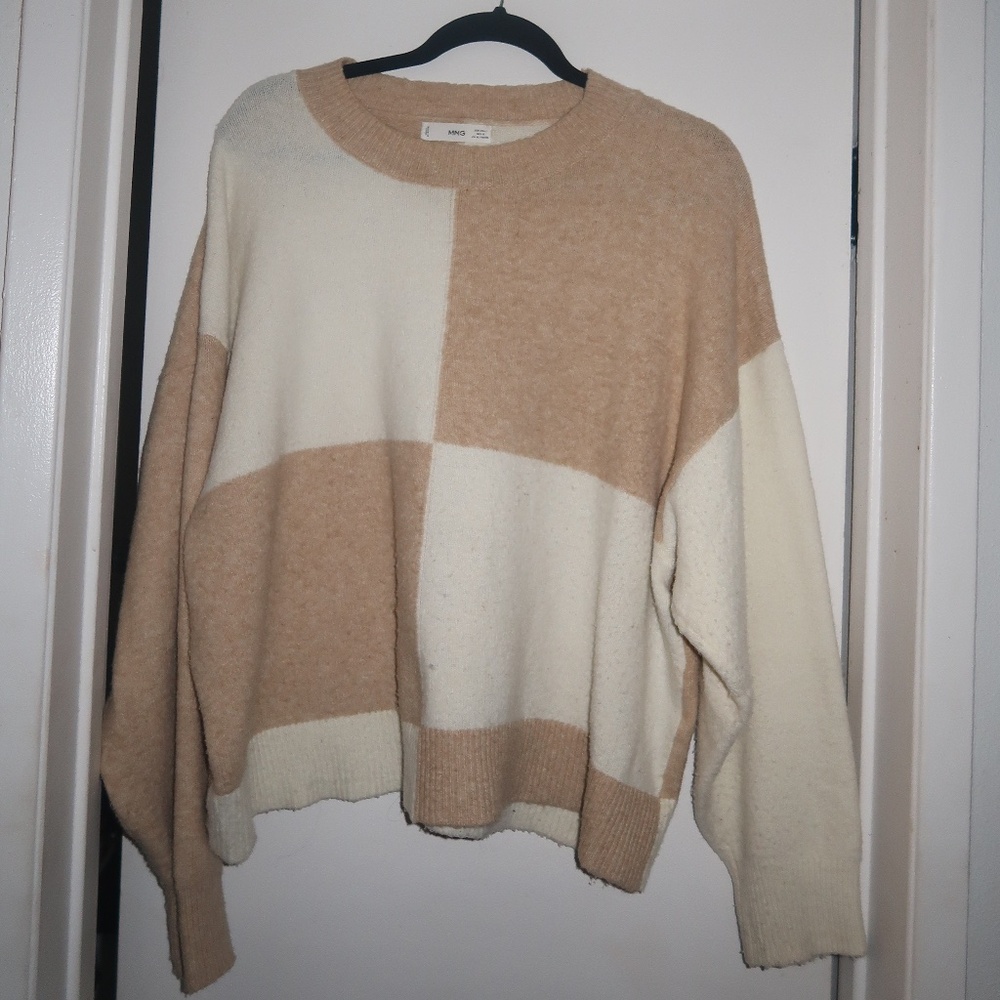 MANGO Cream + White Checkered Knit Sweater